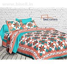 Bedcolors Double Bed Pure Cotton Queen Size Bedsheet with two Pillow Covers | SkyBlue and Orange Color | Floral Printed| Traditional | 90 x 100 Queen Size