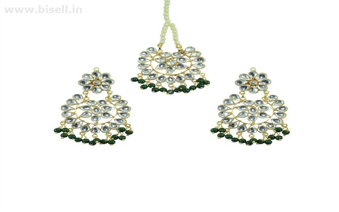 Designer Maang Tikka And Pair Of Earring With Dark Green Pearls by shipgig