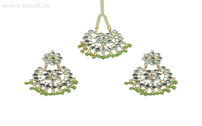 Designer Maang Tikka And Pair Of Earring With Light Green Pearls by shipgig