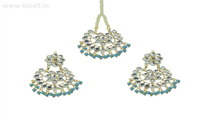 Designer Maang Tikka And Pair Of Earring With Sky Blue Pearls by shipgig