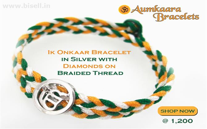 Ik Onkaar Bracelet in Silver with Diamonds on Braided Thread