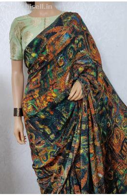 Shop Digital Printed Linen Silk Saree Online | Luxurionworld